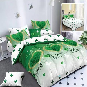 Lenjerie pat dublu, Ralex Pucioasa,  Finet, 6 piese, Alb-Verde, inimioare, fluturi