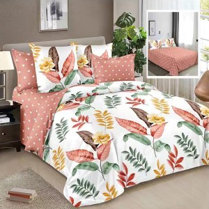 Lenjerie pat dublu, Ralex Pucioasa,  Finet, 6 piese, Alb-Roz, flori, frunze