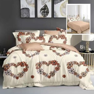 Lenjerie pat dublu, Ralex Pucioasa,  Finet, 6 piese, Crem, inimioare, flori