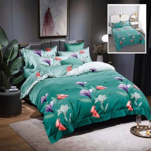 Lenjerie pat dublu, Ralex Pucioasa,  Finet, 6 piese, Verde, flori