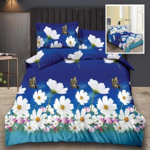 Lenjerie pat dublu, Ralex Pucioasa,  Finet, 6 piese, Albastru, flori, fluturi