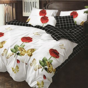 Lenjerie pat dublu, Ralex Pucioasa, Bumbac Finet, 6 piese, Alb-Negru, flori, trandafiri, fluturi