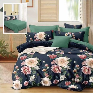 Lenjerie pat dublu, Ralex Pucioasa,  Finet, 6 piese, Bleumarin-Verde, flori