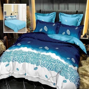 Lenjerie pat dublu, Ralex Pucioasa,  Finet, 6 piese, Albastru, flori, frunze