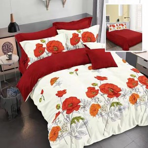 Lenjerie pat dublu, Ralex Pucioasa,  Finet, 6 piese, Crem-Rosu, flori, maci