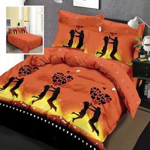 Lenjerie pat dublu, Ralex Pucioasa,  Finet, 6 piese, Portocaliu-Negru, indragostiti, inimioare