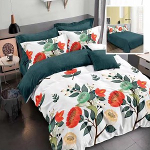 Lenjerie pat dublu, Ralex Pucioasa,  Finet, 6 piese, Alb-Verde, flori