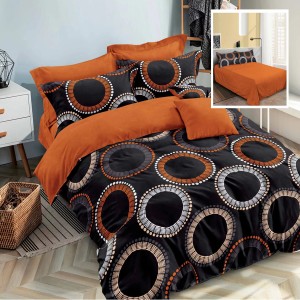Lenjerie pat dublu, Ralex Pucioasa,  Finet, 6 piese, Negru-Oranj, cercuri