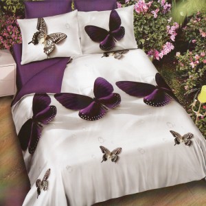 Lenjerie pat dublu, Ralex Pucioasa, Bumbac Finet, 6 piese, Alb-Mov, fluturi