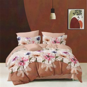Lenjerie pat dublu, Ralex Pucioasa,  Finet, 6 piese, Bej-Maro, flori, fundite