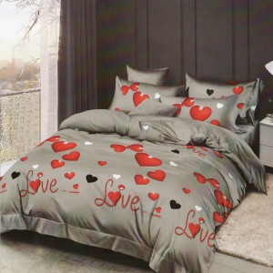 Lenjerie pat dublu, Ralex Pucioasa,  Finet, 6 piese, Gri-Rosu, inimioare