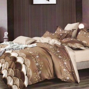 Lenjerie pat dublu, Ralex Pucioasa,  Finet, 6 piese, Maro-Bej, flori