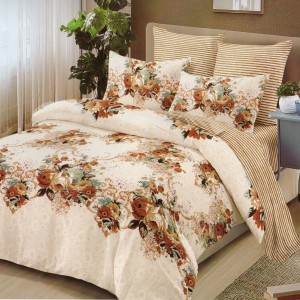 Lenjerie pat dublu, Ralex Pucioasa,  Finet, 6 piese, Bej, flori