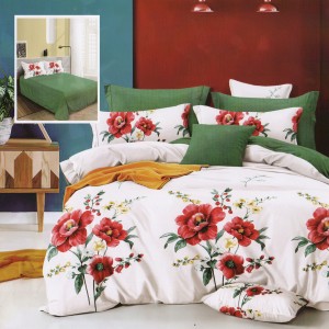 Lenjerie pat dublu, Ralex Pucioasa,  Finet, 6 piese, Alb-Verde, flori