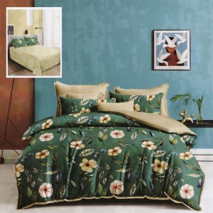 Lenjerie pat dublu, Ralex Pucioasa,  Finet, 6 piese, Verde-Bej, flori