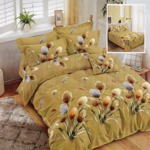 Lenjerie pat dublu, Ralex Pucioasa,  Finet, 6 piese, Bej, flori