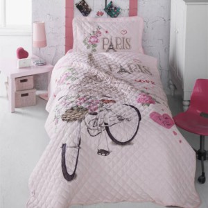 Set cuvertura de pat single, 2 piese, Bumbac 100%, 180x240cm, Clasy,-PARIS LOVE