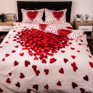 Lenjerie pat dublu, Ralex Pucioasa, Bumbac Satinat, 4 piese, 3D Digital Print, Alb-Rosu,inimioare