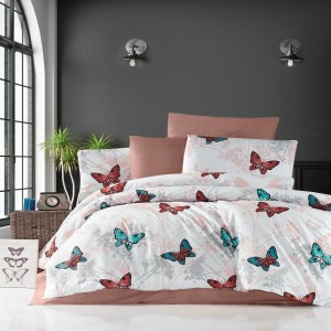 Lenjerie de pat dublu, 4 piese, Bumbac 100% Ranforce, Ralex Pucioasa , fluturi, alb, somon 