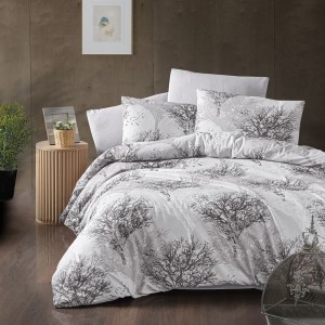 Lenjerie de pat dublu, 4 piese, Bumbac 100% Ranforce, Ralex Pucioasa, copaci, alb, gri 