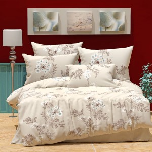 Lenjerie de pat dublu, 4 piese, Bumbac 100% Ranforce, Ralex Pucioasa, flori, bej 
