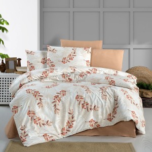 Lenjerie de pat dublu, 4 piese, Bumbac 100% Ranforce, Ralex Pucioasa, frunze, bej, portocaliu 