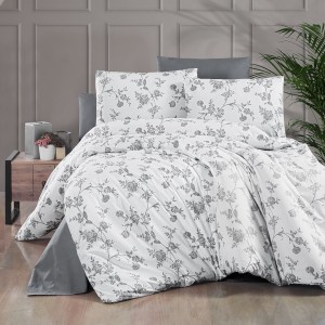 Lenjerie de pat dublu, 4 piese, Bumbac 100% Ranforce, Ralex Pucioasa, flori, alb, gri