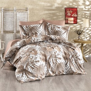 Lenjerie de pat dublu, 4 piese, Bumbac 100% Ranforce, Ralex Pucioasa, frunze, maro 
