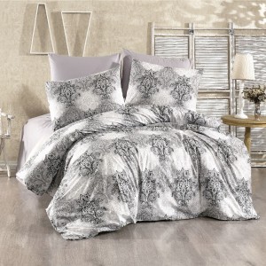 Lenjerie de pat dublu, 4 piese, Bumbac 100% Ranforce, Ralex Pucioasa , model clasic, alb, gri