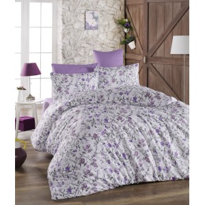 Lenjerie de pat dublu, 4 piese, Bumbac 100% Ranforce, Ralex Pucioasa, flori, alb , mov 