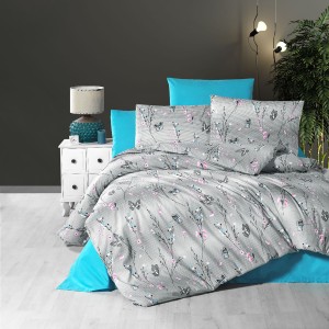 Lenjerie de pat dublu, 4 piese, Bumbac 100% Ranforce, Ralex Pucioasa, fluturi , gri, blue 