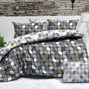 Lenjerie de pat dublu, 4 piese, Bumbac 100% Ranforce, Ralex Pucioasa, frunze, gri , alb 