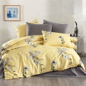 Lenjerie de pat dublu, 4 piese, Bumbac 100% Ranforce, Ralex Pucioasa, flori, galben, gri 