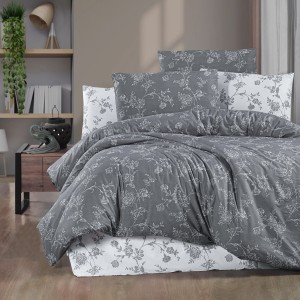 Lenjerie de pat dublu, 4 piese, Bumbac 100% Ranforce, Ralex Pucioasa, flori, gri, alb 