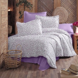 Lenjerie de pat dublu, 4 piese, Bumbac 100% Ranforce, Ralex Pucioasa, flori, alb , mov 