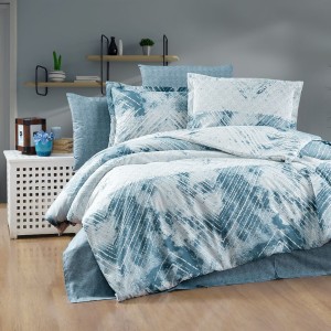 Lenjerie de pat dublu, 4 piese, Bumbac 100% Ranforce, Ralex Pucioasa, model clasic, alb , albastru