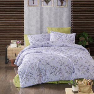 Lenjerie de pat dublu, 4 piese, Bumbac 100% Ranforce, Ralex Pucioasa, flori, lila , verde