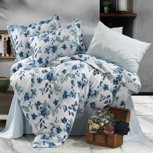 Lenjerie de pat dublu, 4 piese, Bumbac 100% Ranforce, Ralex Pucioasa, flori, alb , albastru
