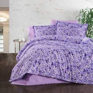 Lenjerie de pat dublu, 4 piese, Bumbac 100% Ranforce, Ralex Pucioasa, flori, mov 