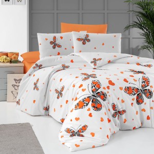 Lenjerie de pat dublu, 4 piese, Bumbac 100% Ranforce, Ralex Pucioasa, fluturi, alb , portocaliu 