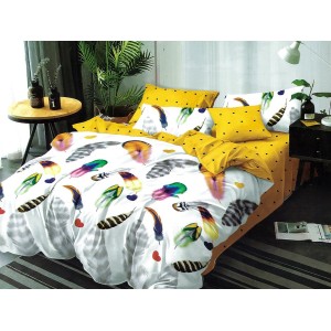 Lenjerie pat dublu, Ralex Pucioasa, Bumbac Finet, 6 piese, Alb-Galben, pene, buline