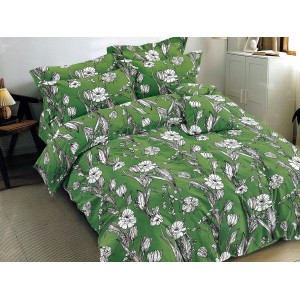 Lenjerie pat dublu, Ralex Pucioasa,  Finet, 6 piese, Verde-Alb, flori