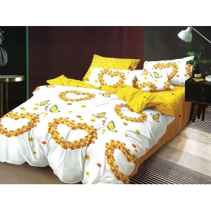 Lenjerie pat dublu, Ralex Pucioasa, Bumbac Finet, 6 piese, Alb-Galben, inimioare, fluturi, flori