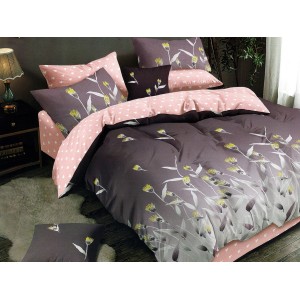 Lenjerie pat dublu, Ralex Pucioasa,  Finet, 6 piese, Maro-Roz, flori, inimioare