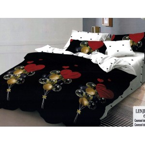 Lenjerie pat dublu, Ralex Pucioasa,  Finet, 6 piese, Negru-Alb, baloane, inimioare