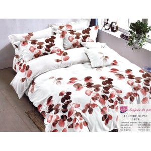 Lenjerie pat dublu, Ralex Pucioasa, Bumbac Finet, 6 piese, Alb-Maro, frunze