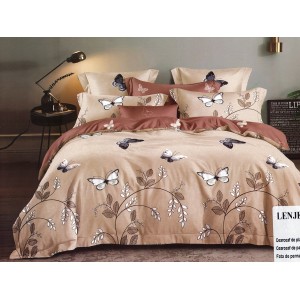 Lenjerie pat dublu, Ralex Pucioasa,  Finet, 6 piese, Bej-Maro, fluturi, frunze