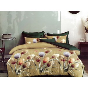 Lenjerie pat dublu, Ralex Pucioasa,  Finet, 6 piese, Bej-Verde, flori