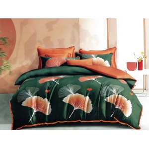 Lenjerie pat dublu, Ralex Pucioasa,  Finet, 6 piese, Verde-Caramiziu, frunze, inimioare