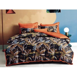 Lenjerie pat dublu, Ralex Pucioasa,  Finet, 6 piese, Negru-Caramiziu, frunze